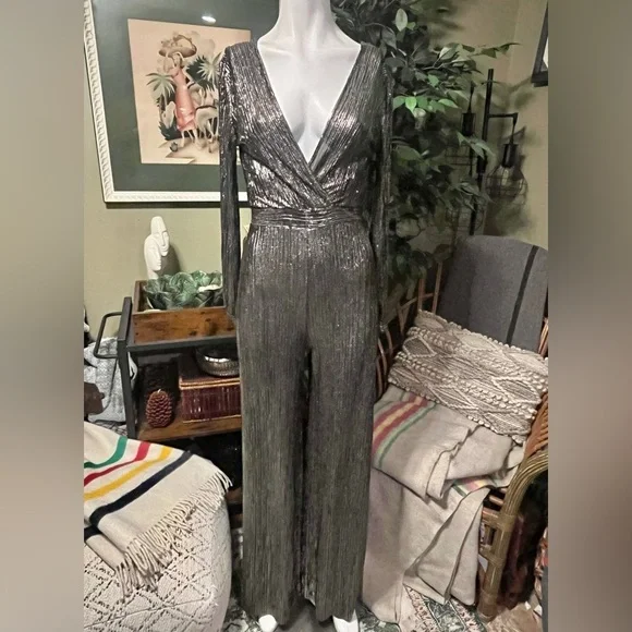 Anthropology Uptown Jumpsuit Elegant Silver Jumpsuit - Picture 8 of 9